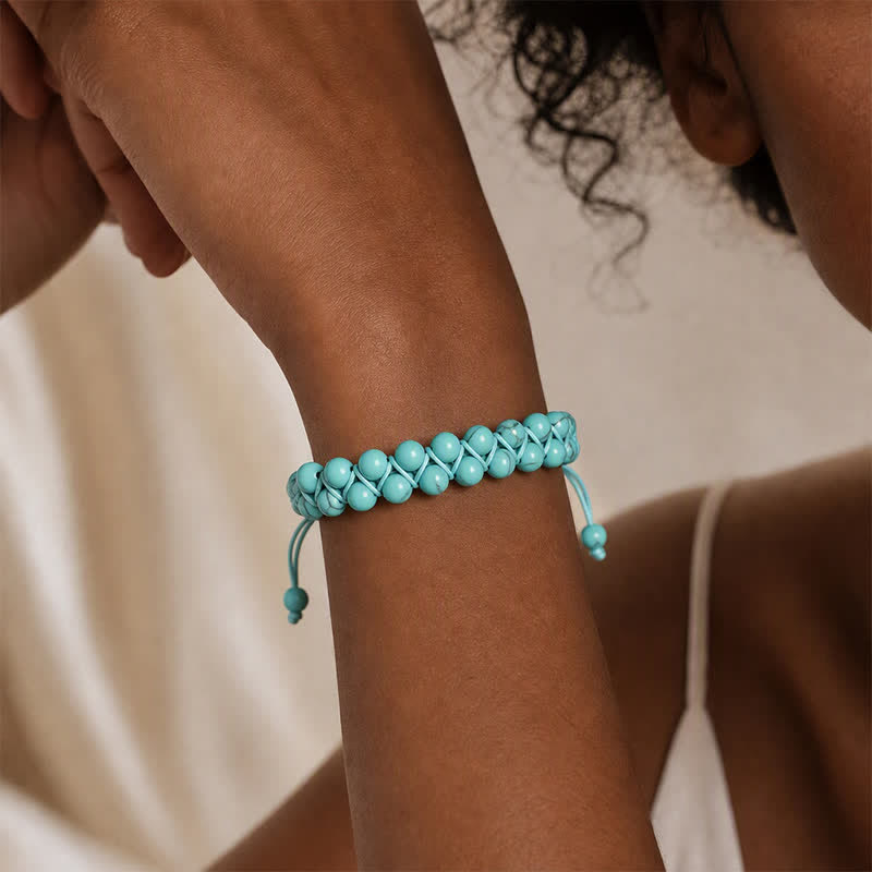 Bracelet macramé double rangée de perles turquoise, aux vertus curatives - image 1
