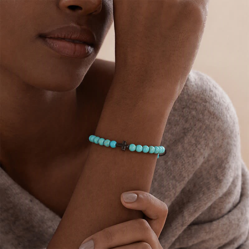 Bracelet ajustable en perles turquoise avec croix de la foi - image 1