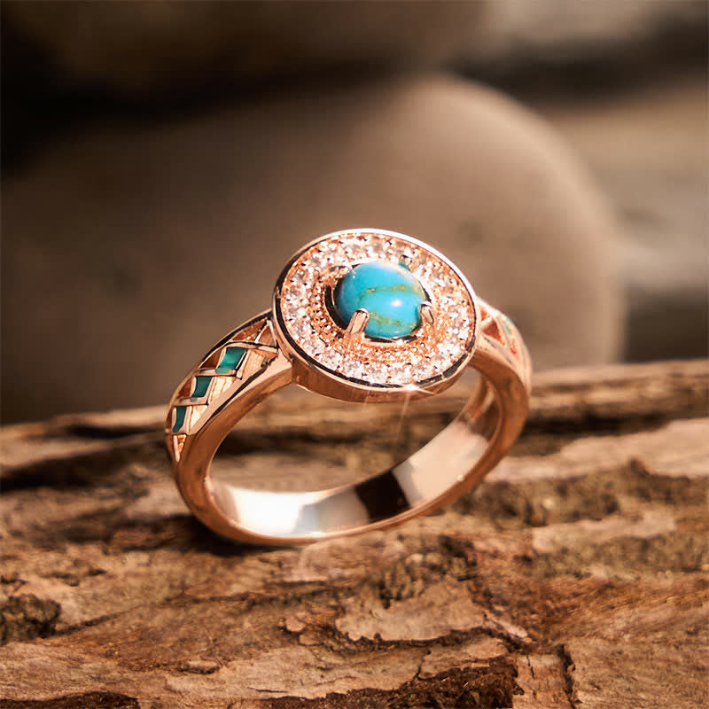 Bague vintage ronde en turquoise simulée avec halo, style ethnique, en métal creux. - image 2