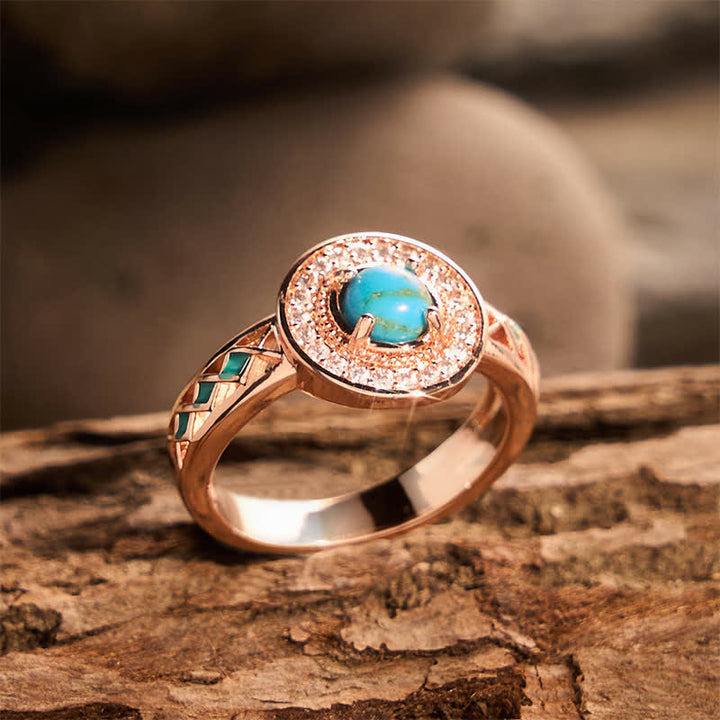 Bague vintage ronde en turquoise simulée avec halo, style ethnique, en métal creux. - image 2