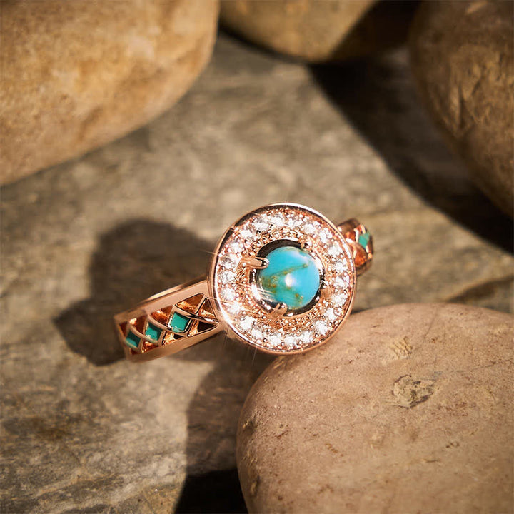 Bague vintage ronde en turquoise simulée avec halo, style ethnique, en métal creux. - image 3
