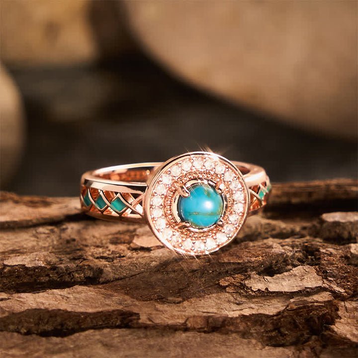 Bague vintage ronde en turquoise simulée avec halo, style ethnique, en métal creux. - image 4