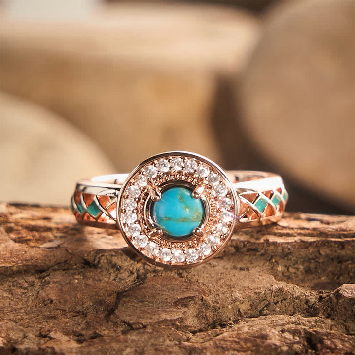 Bague vintage ronde en turquoise simulée avec halo, style ethnique, en métal creux. - Couleur or rose - 10 US - image 0