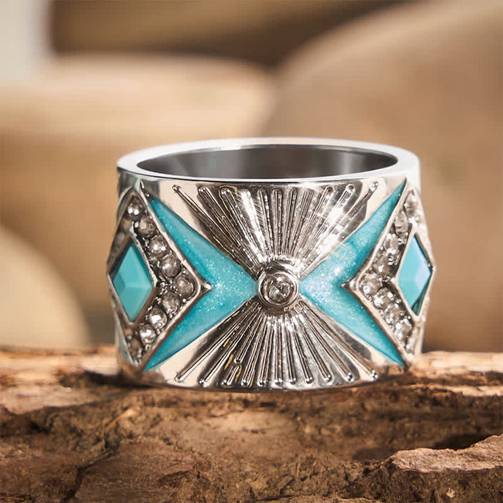 Bague large rétro géométrique en imitation turquoise pour femme - Teinte argentée - US 11 - image 0