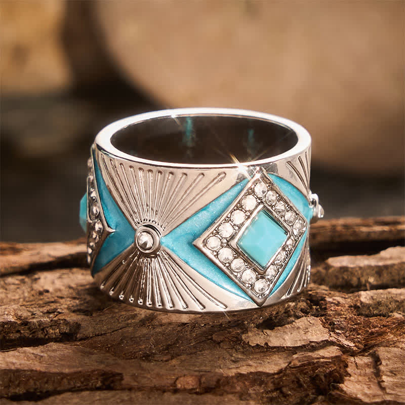 Bague large rétro géométrique en imitation turquoise pour femme - image 4