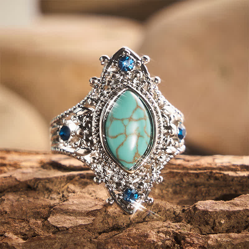 Bague bohème en turquoise synthétique taille marquise pour femme, cadeau idéal pour une soirée - Teinte argentée - 10 US - image 0