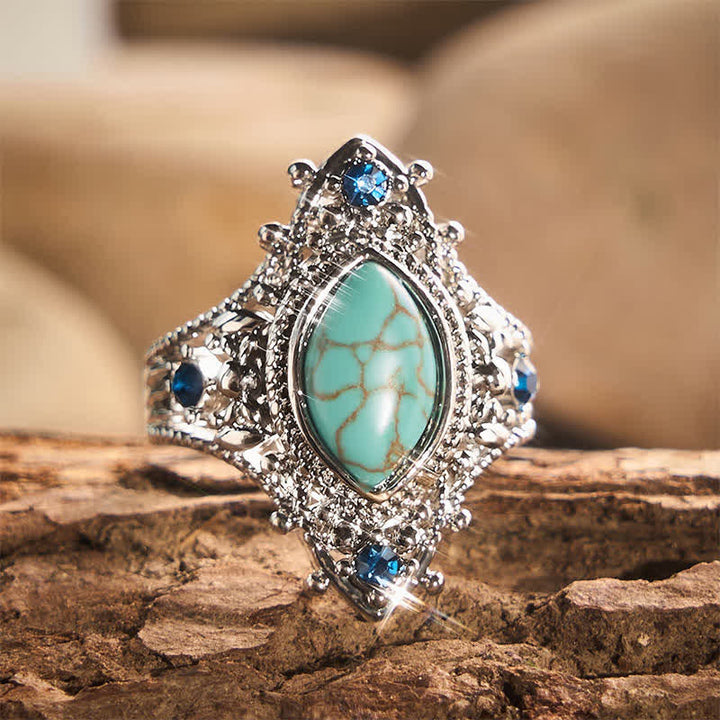 Bague bohème en turquoise synthétique taille marquise pour femme, cadeau idéal pour une soirée - Teinte argentée - 10 US - image 0