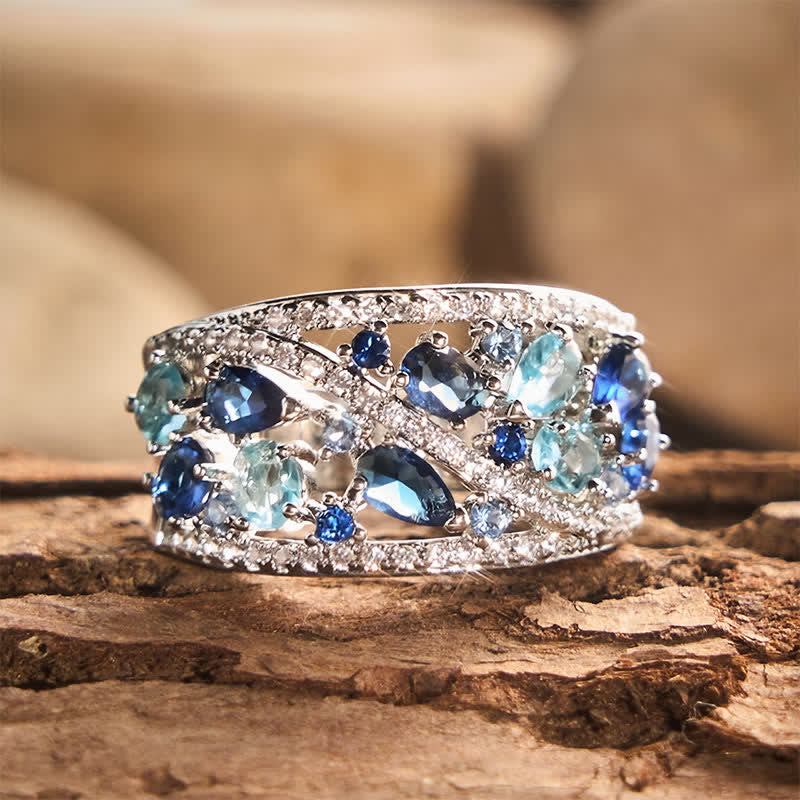 Bague femme à large anneau et pavé de zircons multi-pierres - Bleu océan - 10 US - image 0