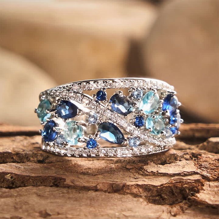 Bague femme à large anneau et pavé de zircons multi-pierres - Bleu océan - 10 US - image 0