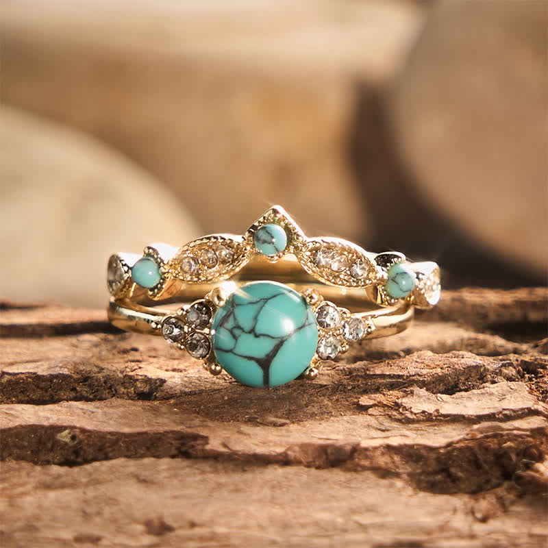 Bague empilable style ethnique bohème rétro en fausse turquoise dorée - Doré - US 11 - image 0