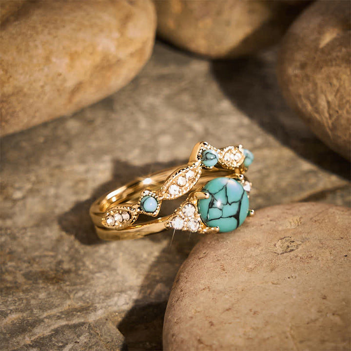 Bague empilable style ethnique bohème rétro en fausse turquoise dorée - image 2