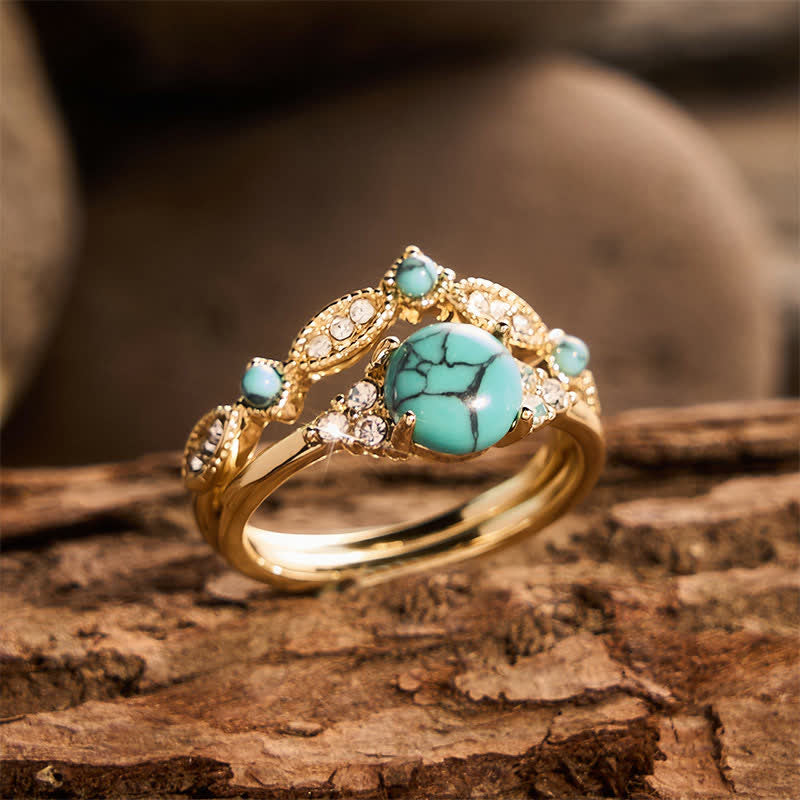 Bague empilable style ethnique bohème rétro en fausse turquoise dorée - image 3