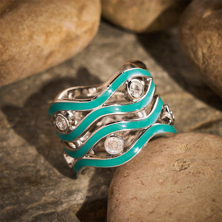 Bague femme à motif vague superposée en émail et pierre - image 2
