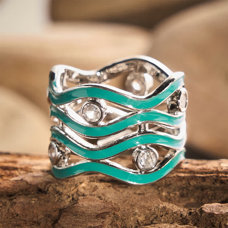 Bague femme à motif vague superposée en émail et pierre - Teinte argentée - 10 US - image 0