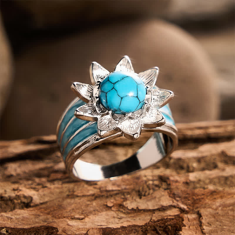 Bague femme en argent, style bohème ethnique, forme soleil, incrustée de fausse turquoise, style bohème. - image 3