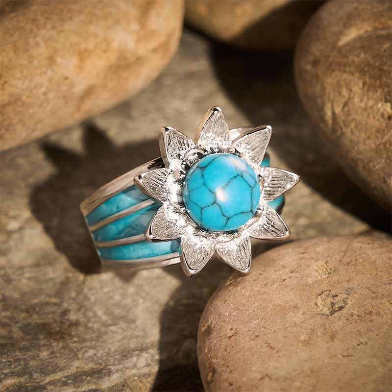 Bague femme en argent, style bohème ethnique, forme soleil, incrustée de fausse turquoise, style bohème. - image 2