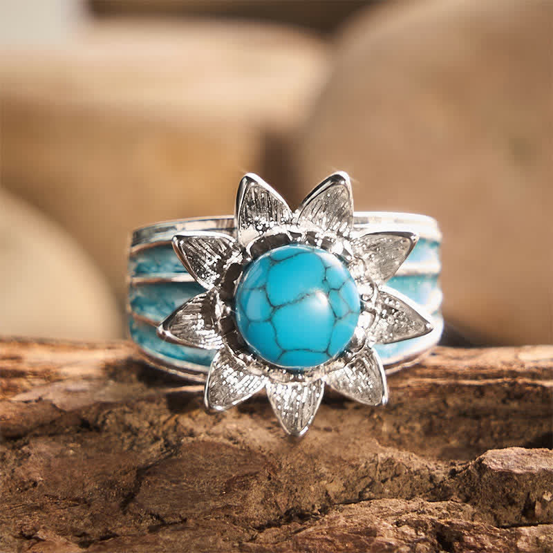 Bague femme en argent, style bohème ethnique, forme soleil, incrustée de fausse turquoise, style bohème. - Argent - 10 US - image 0