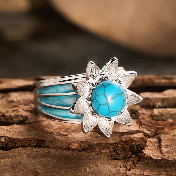 Bague femme en argent, style bohème ethnique, forme soleil, incrustée de fausse turquoise, style bohème. - image 4
