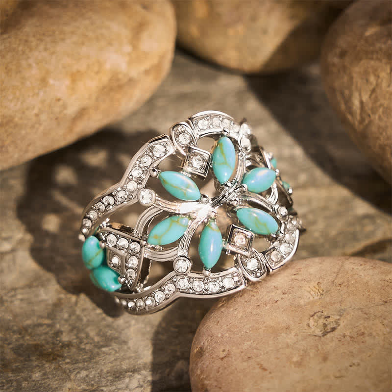 Bague ethnique rétro creuse à large anneau en turquoise simulée et cristal - image 2