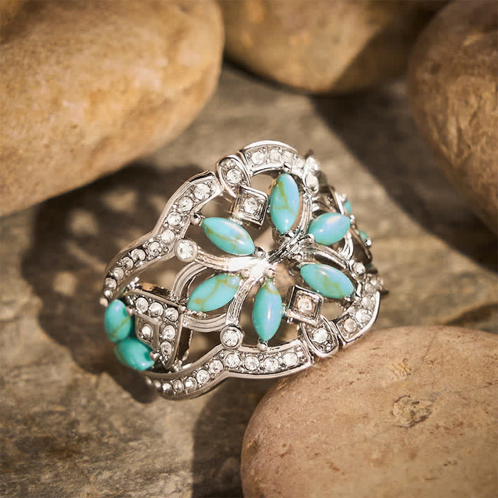 Bague ethnique rétro creuse à large anneau en turquoise simulée et cristal - image 2