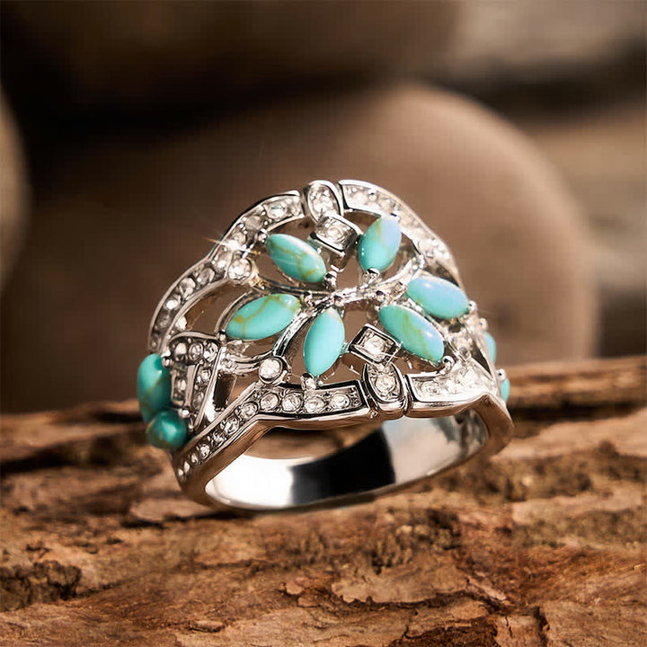 Bague ethnique rétro creuse à large anneau en turquoise simulée et cristal - Teinte argentée - US 9 - image 0
