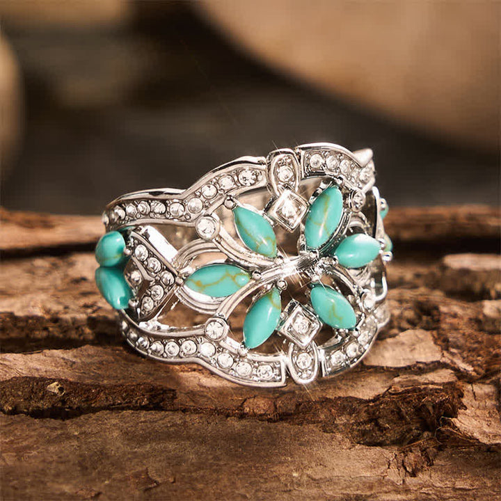 Bague ethnique rétro creuse à large anneau en turquoise simulée et cristal - image 4