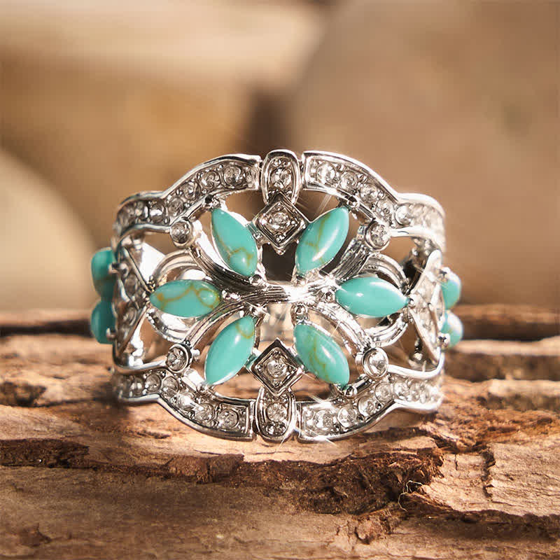 Bague ethnique rétro creuse à large anneau en turquoise simulée et cristal - image 3