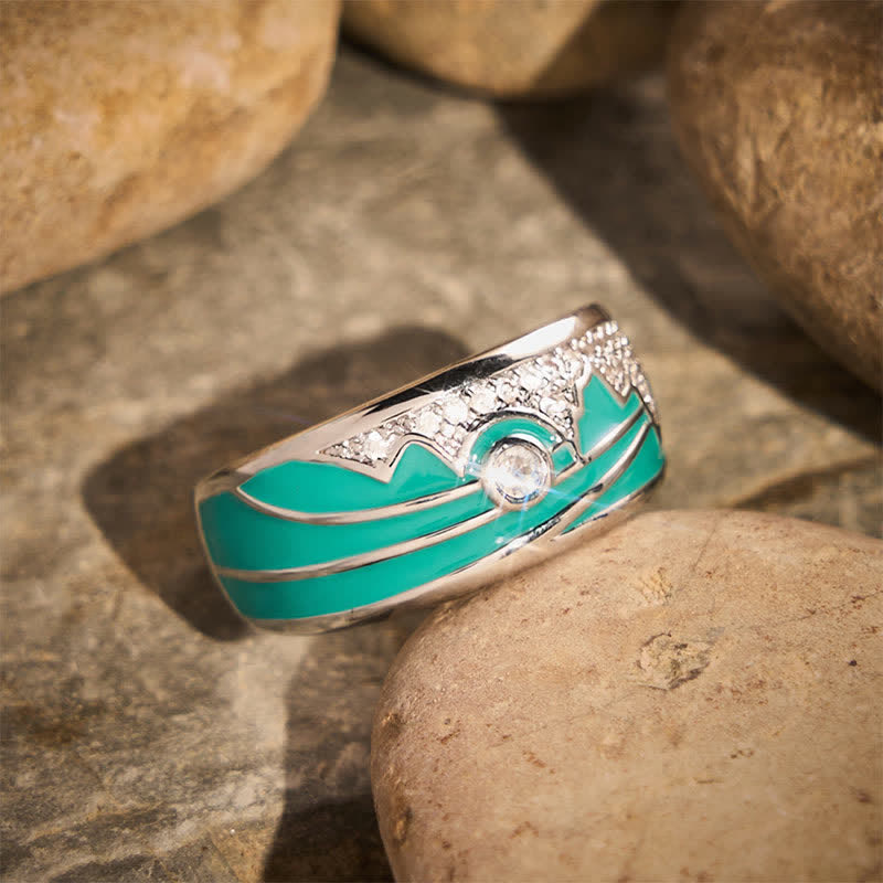 Bague large en argent émaillée à motif soleil de montagne vintage et zircon cubique - image 2