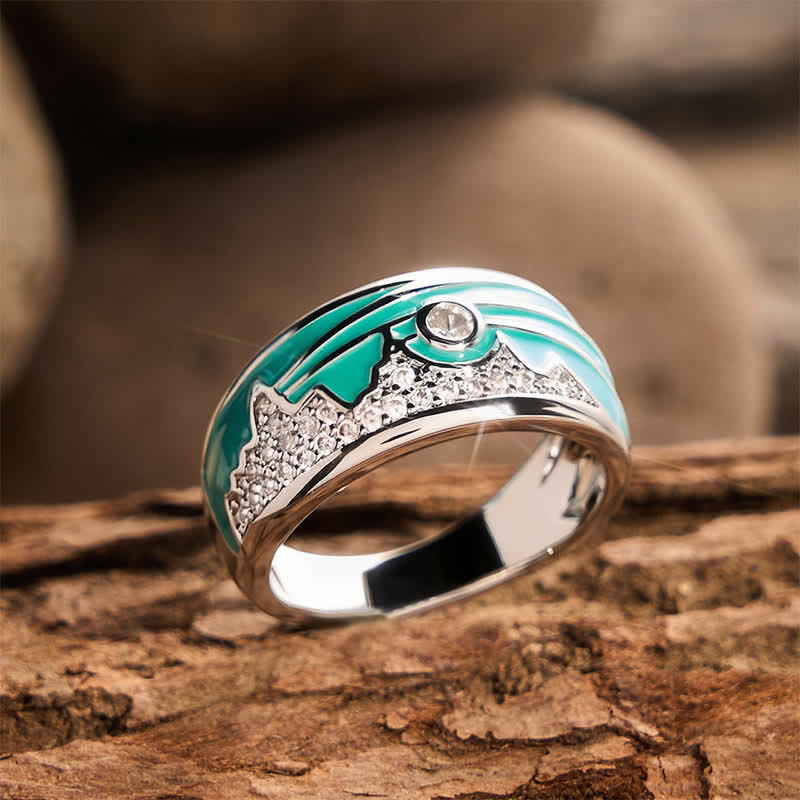 Bague large en argent émaillée à motif soleil de montagne vintage et zircon cubique - image 3