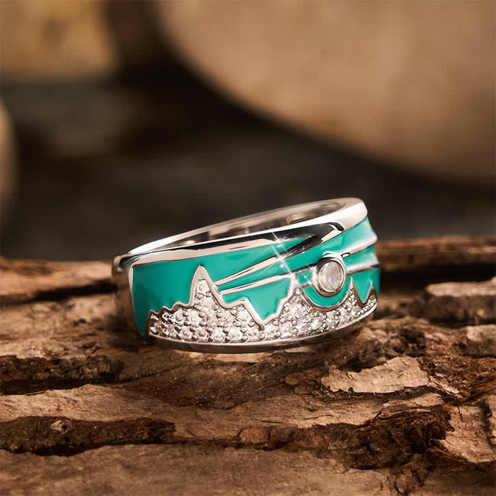 Bague large en argent émaillée à motif soleil de montagne vintage et zircon cubique - image 4