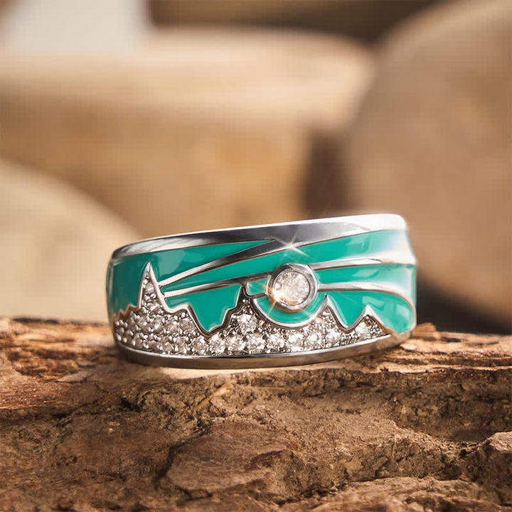 Bague large en argent émaillée à motif soleil de montagne vintage et zircon cubique - Argent - 10 US - image 0