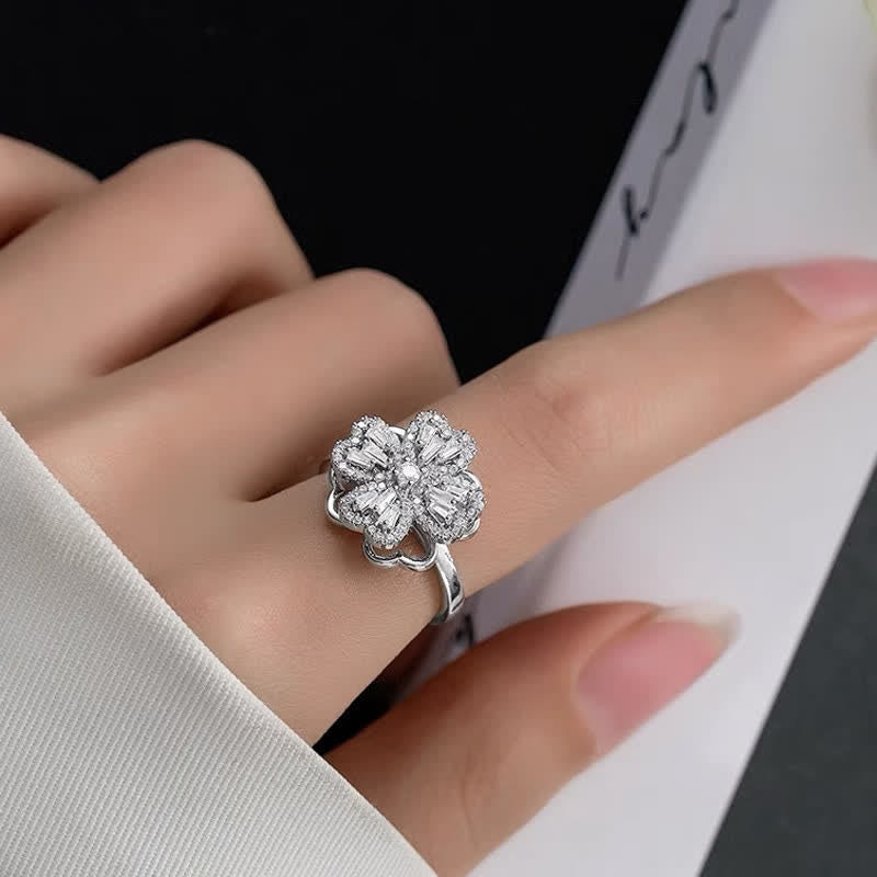 Bague anti-anxiété réglable en forme de trèfle à quatre feuilles rotatif - Argent - image 6