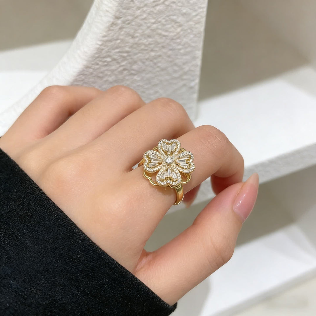 Bague anti-anxiété réglable en forme de trèfle à quatre feuilles rotatif - Or - image 0