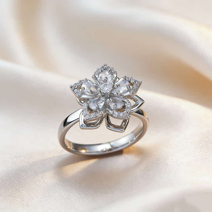 Bague anti-anxiété rotative en zircon et fleur de sakura - Blanc et argent - image 10