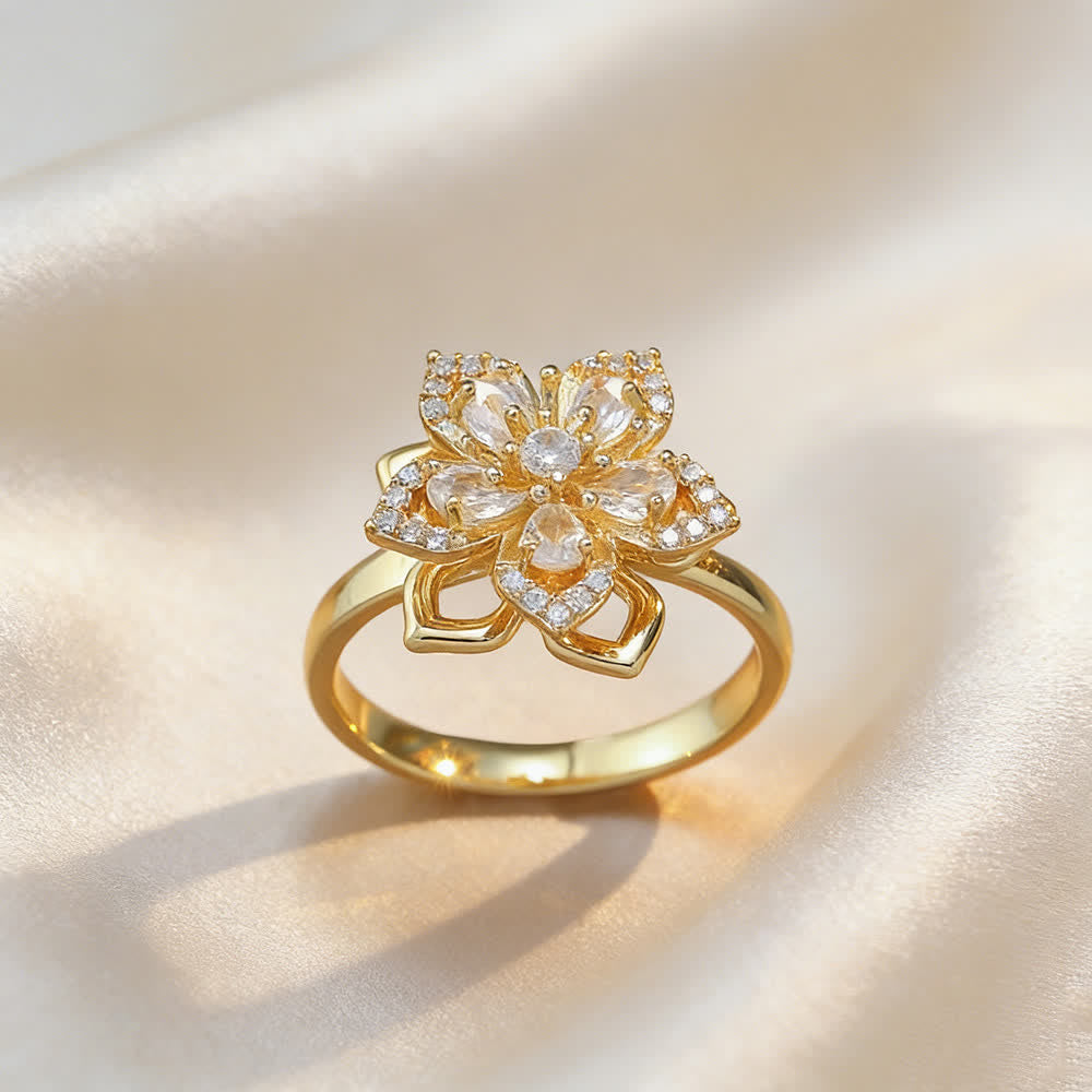 Bague anti-anxiété rotative en zircon et fleur de sakura - Blanc et or - image 9