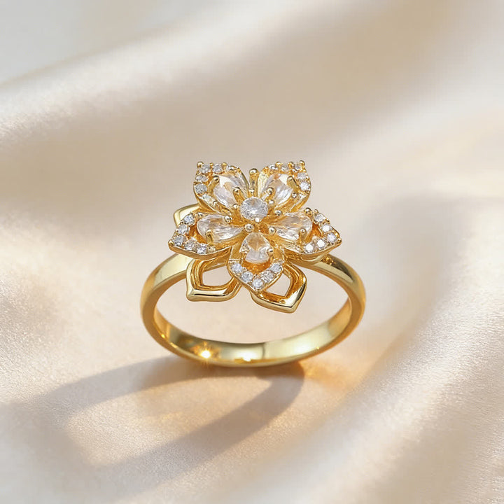 Bague anti-anxiété rotative en zircon et fleur de sakura - Blanc et or - image 9