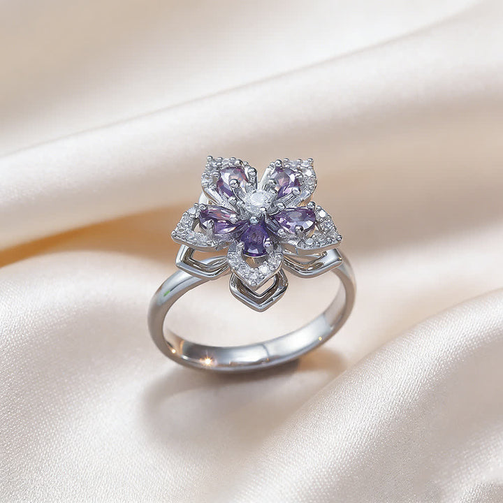 Bague anti-anxiété rotative en zircon et fleur de sakura - Violet et argent - image 11