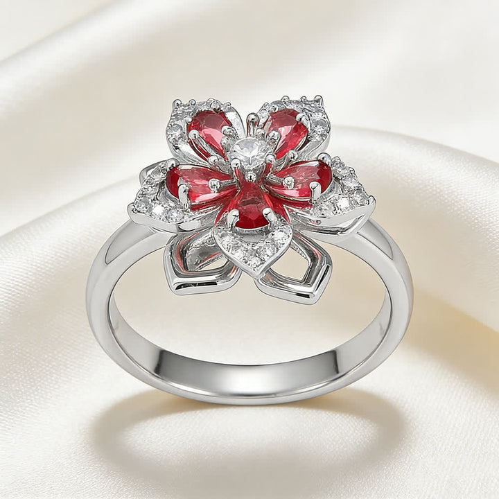 Bague anti-anxiété rotative en zircon et fleur de sakura - Rouge et argent - image 13