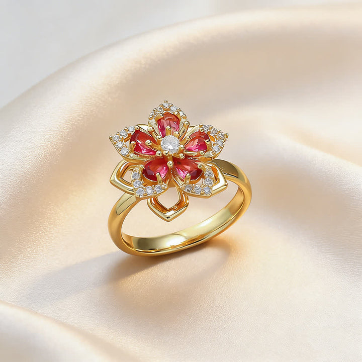 Bague anti-anxiété rotative en zircon et fleur de sakura - Rouge et or - image 8