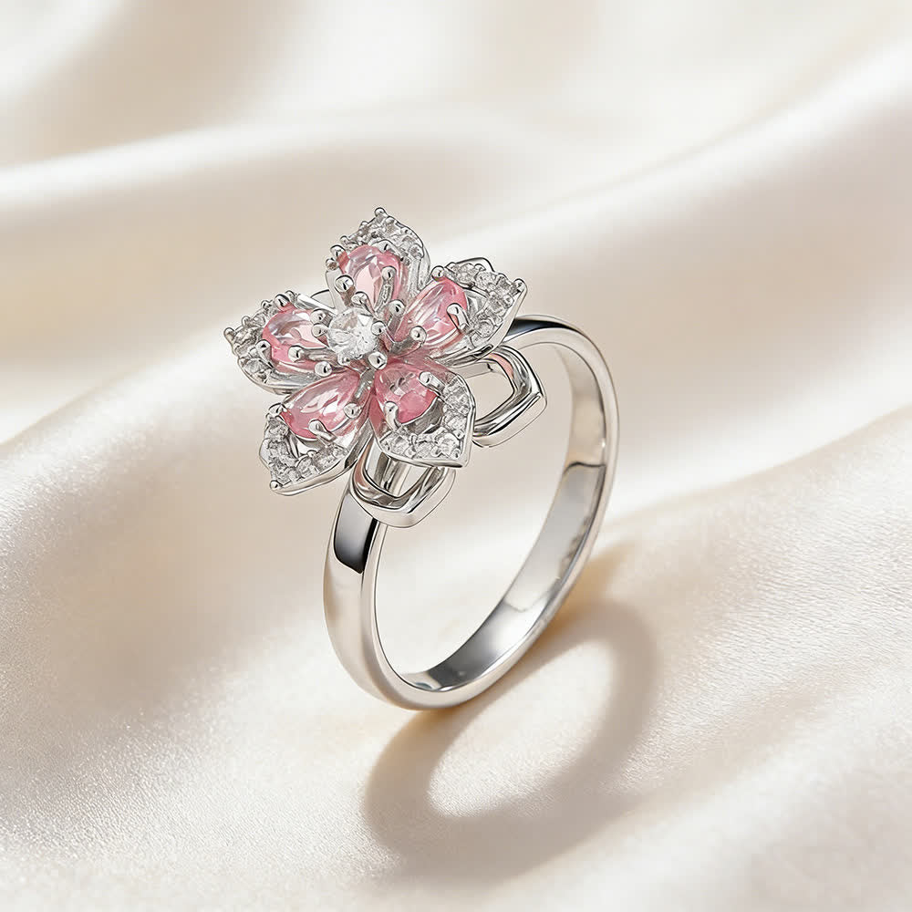 Bague anti-anxiété rotative en zircon et fleur de sakura - Rose et argent - image 14