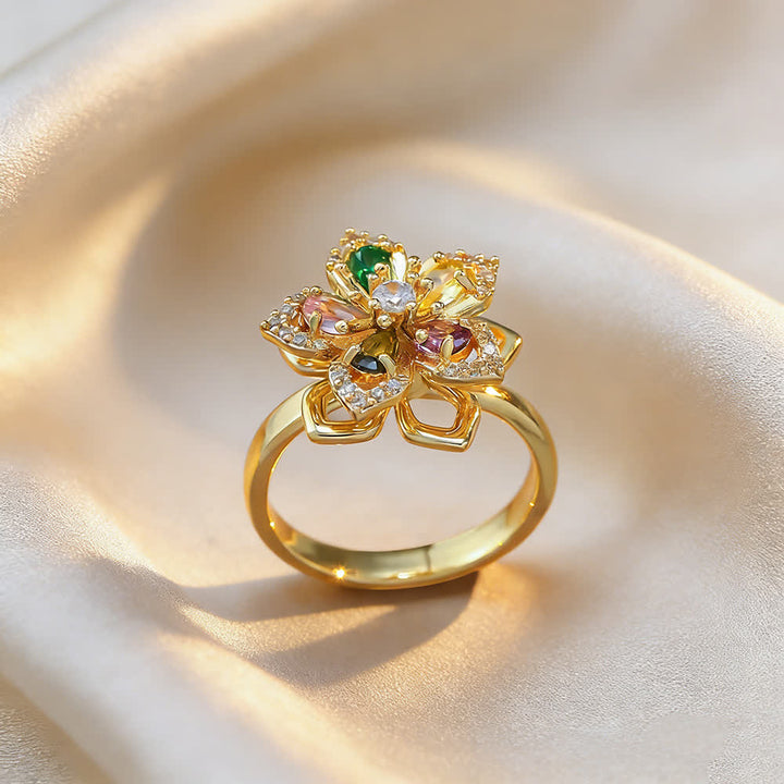 Bague anti-anxiété rotative en zircon et fleur de sakura - Multicolore et or - image 7