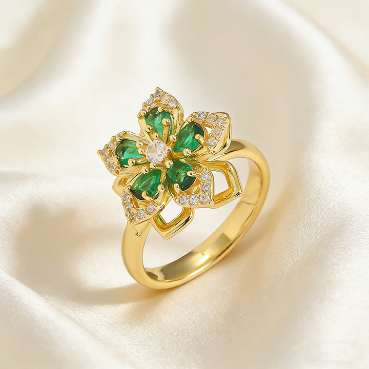 Bague anti-anxiété rotative en zircon et fleur de sakura - Vert et or - image 6