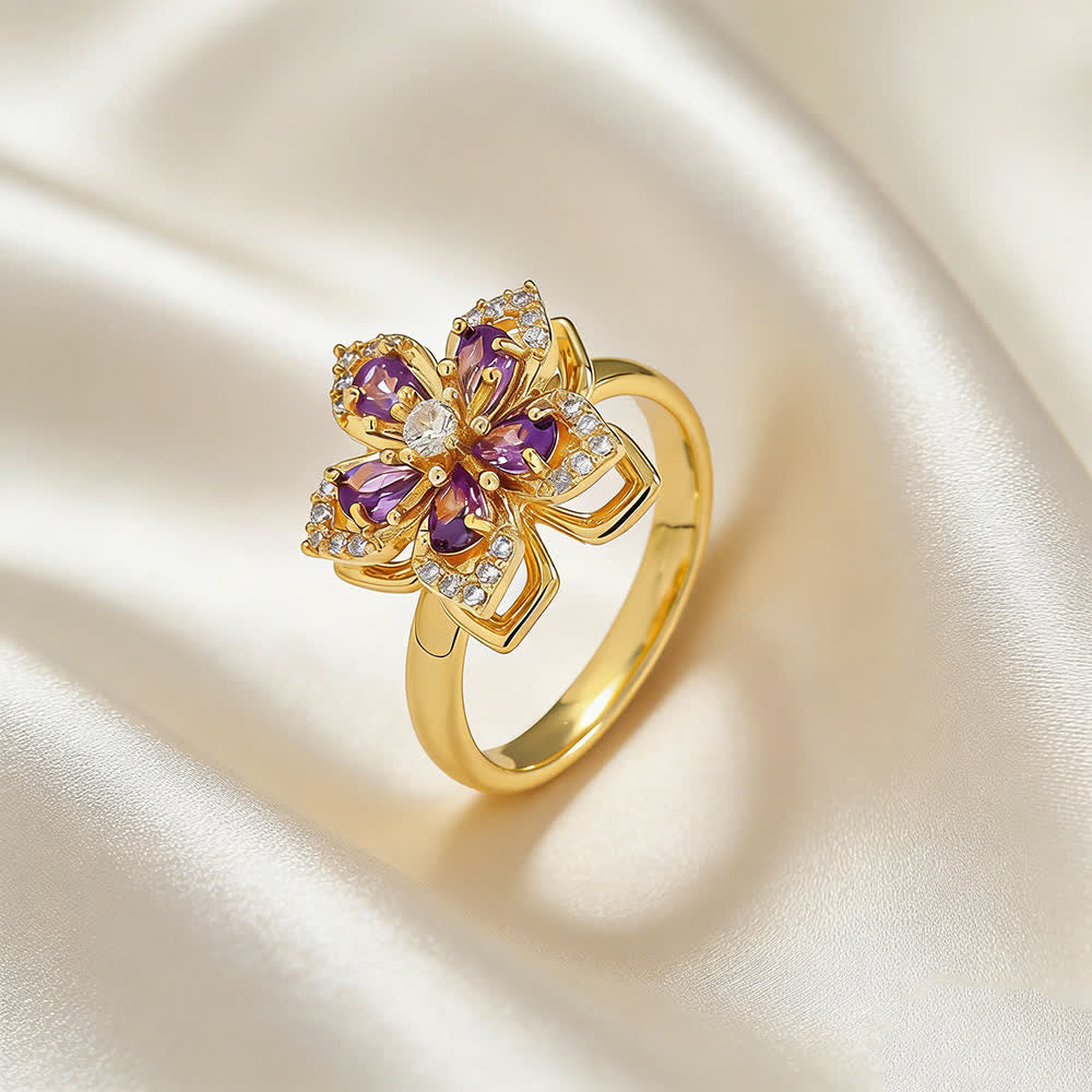 Bague anti-anxiété rotative en zircon et fleur de sakura - Violet et or - image 5