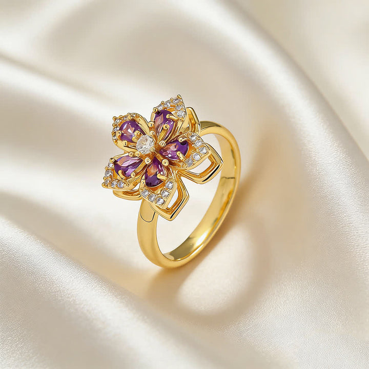 Bague anti-anxiété rotative en zircon et fleur de sakura - Violet et or - image 5