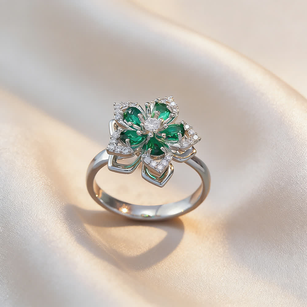 Bague anti-anxiété rotative en zircon et fleur de sakura - Vert et argent - image 15
