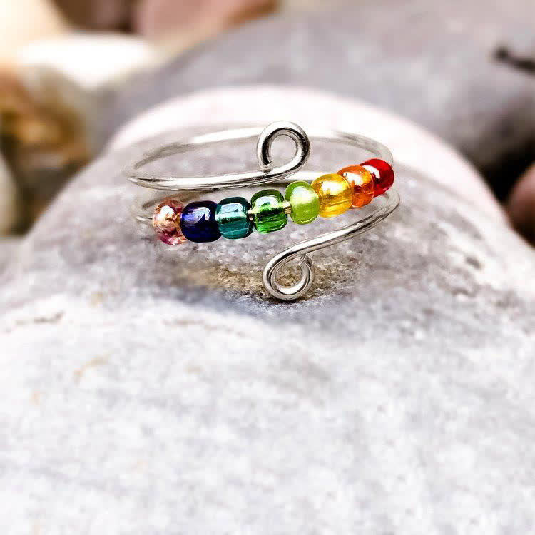 Bague anti-anxiété colorée en perles arc-en-ciel pour une décompression esthétique - Argent - Argent 925 - image 2