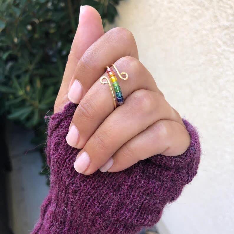 Bague anti-anxiété colorée en perles arc-en-ciel pour une décompression esthétique - Or - Argent 925 - image 0