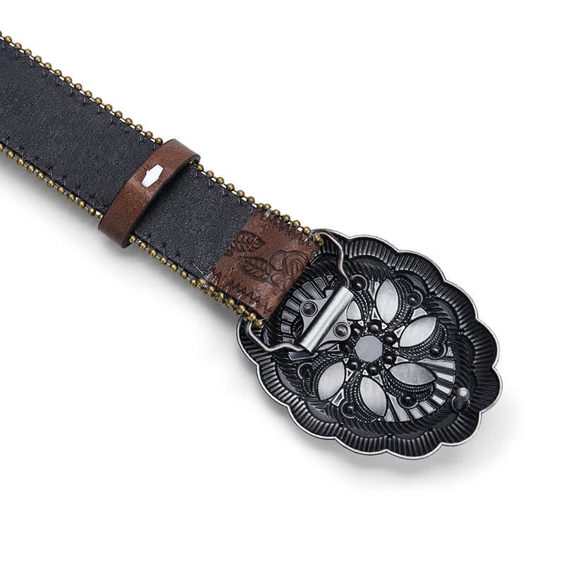 Ceinture en cuir marron gaufré avec boucle concho à fleur turquoise - image 3