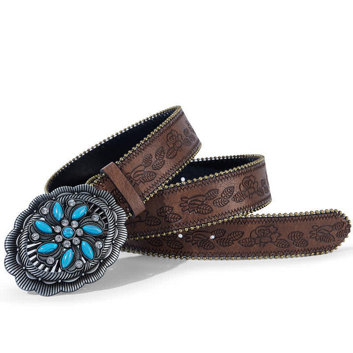 Ceinture en cuir marron gaufré avec boucle concho à fleur turquoise - image 1