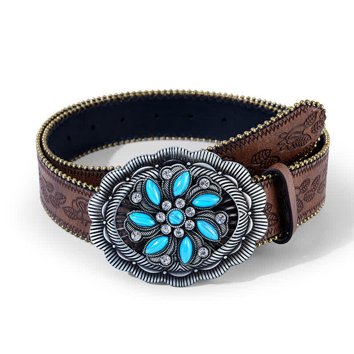 Ceinture en cuir marron gaufré avec boucle concho à fleur turquoise - Café - 40 - image 0